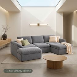 109" Modular Couch Modern Boneless Cloud Couch, U Shaped Sofa with Movable Ottomans, Deep Seat Corduroy Sectional Couches for Living Room, Apartment, 