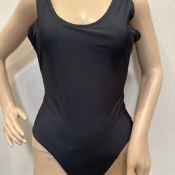 Black Full Coverage One Pc Tank Swimsuit Bodysuit Scoop neck Medium 