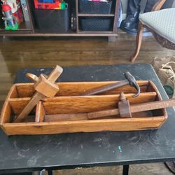 Antique Wooden Tool Tote with antique Hand Tools