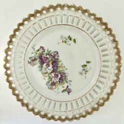 Antique Early 1900’s Unnamed Reticulated Porcelain Plate w/ Hand Painted Pansies  *Price Reduced 