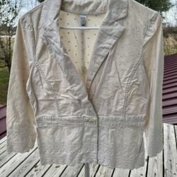 Old Navy Cotton Blazer with 3/4 Sleeve and Eyelet Detail in Cream - Size M 