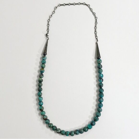 Vintage Native American Sterling Silver 9mm Turquoise Cone Beaded Necklace 24"