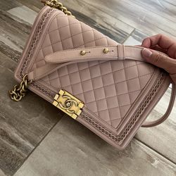 Authentic Chanel Boy Bag Baby Pink With Gold Hardware 