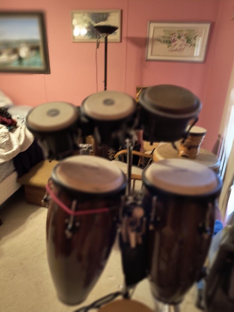 Set Of Congas With Stand And Three Bongos