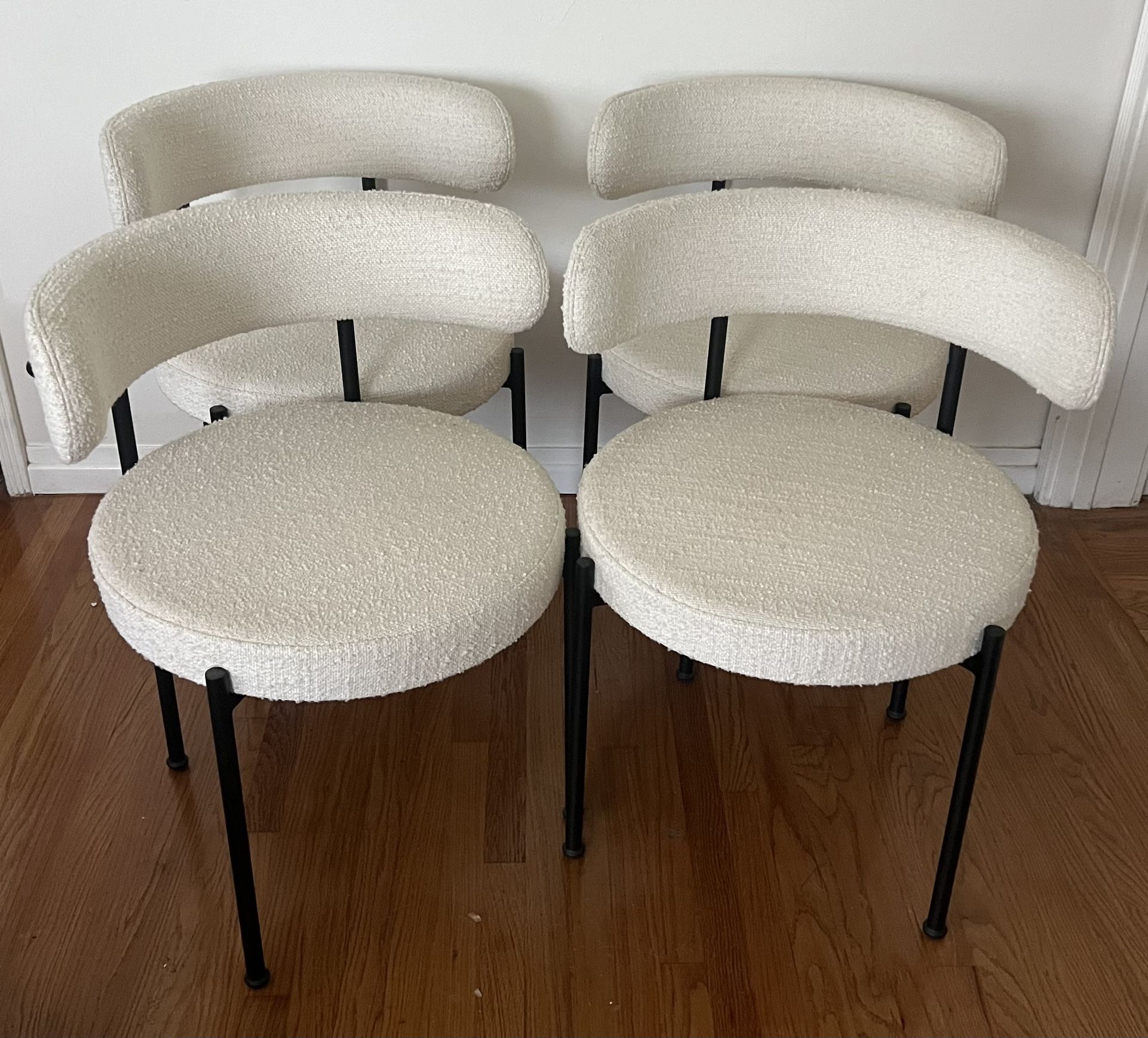 Set of Four CB2 Inesse Boucle Ivory White Black Metal Desk or Dining Chairs Restoration Hardware RH Pottery Barn
