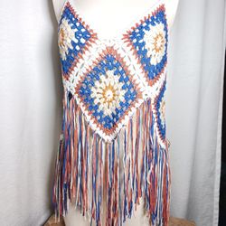 Rebellion Granny Square Crochet Fringe Festival Boho Tank Top Women’s Size L