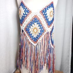 Rebellion Granny Square Crochet Fringe Festival Boho Tank Top Women’s Size L