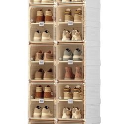 ANTBOX Shoe Organizer Storage Box, Portable Folding Shoe Rack for Closet with Magnetic Clear Door,Large Sneaker Cabinet Bins Sturdy Easy Assembly 10 L