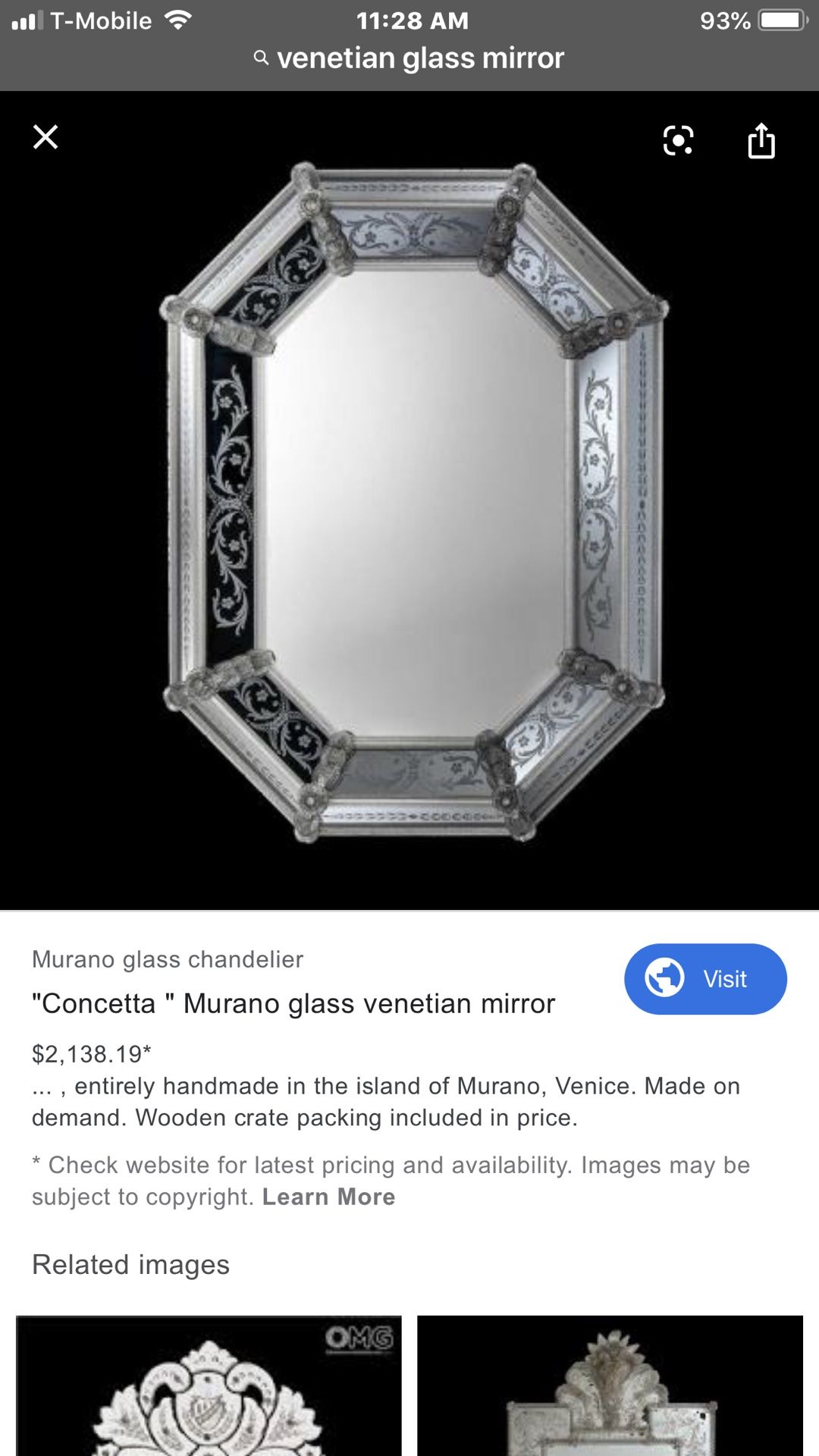 $2000 Venetian Murano Glass Mirror Hand Blown