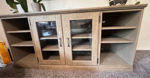 Pottery Barn Printer’s Media Console Wood TV Stand with Glass Door Cabinet