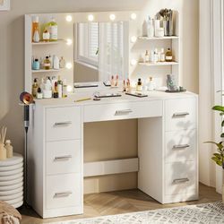 New Large Vanity Desk with LED Lighted Mirror & Power Outlet,Makeup Vanity Table with 7 Drawers,4 Shelves and 5 Hooks, Vanity Table, Vanity Desk Set f