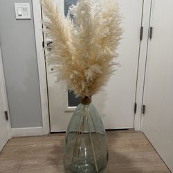 Decorative Large Blue Glass Vase + Pampas Stems