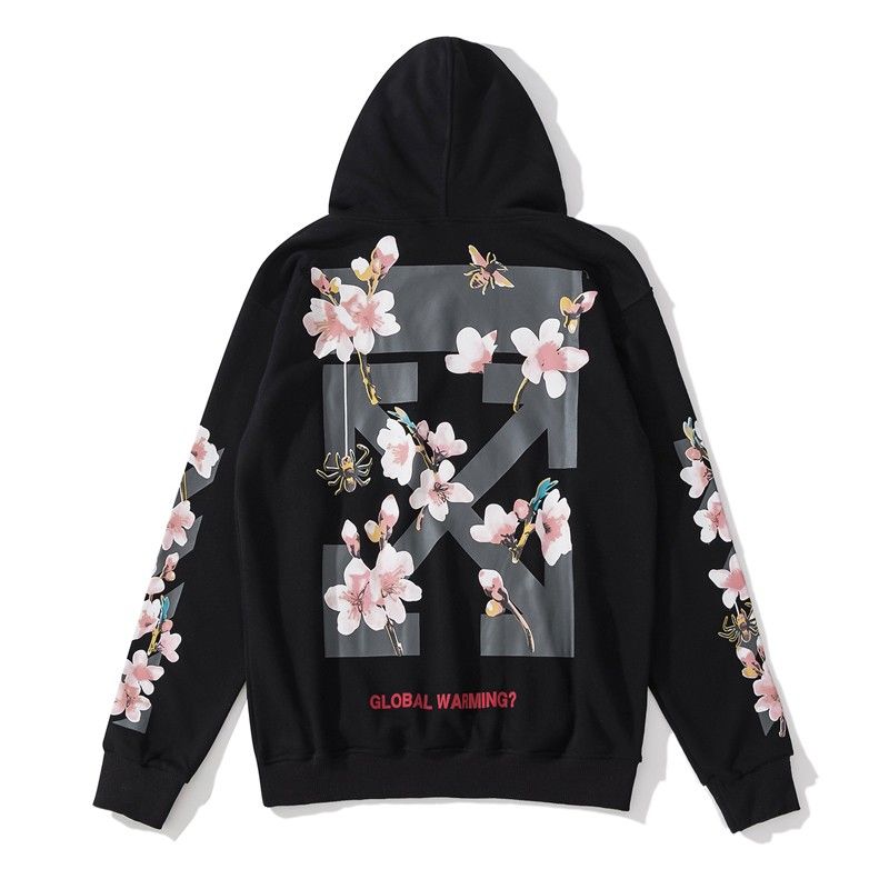 OFF WHITE cherry blossom hoodie, OW flower series for men and women - 320g pure cotton hoodie. Black and pink, sizes M to XXL