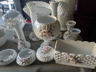 Collection Of Lefton Hobnail China Pieces vases hand painted roses