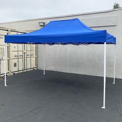 (NEW) $145 Heavy-Duty 10x15 ft Popup Canopy Tent Instant Shade with Carry Bag, White/Blue
