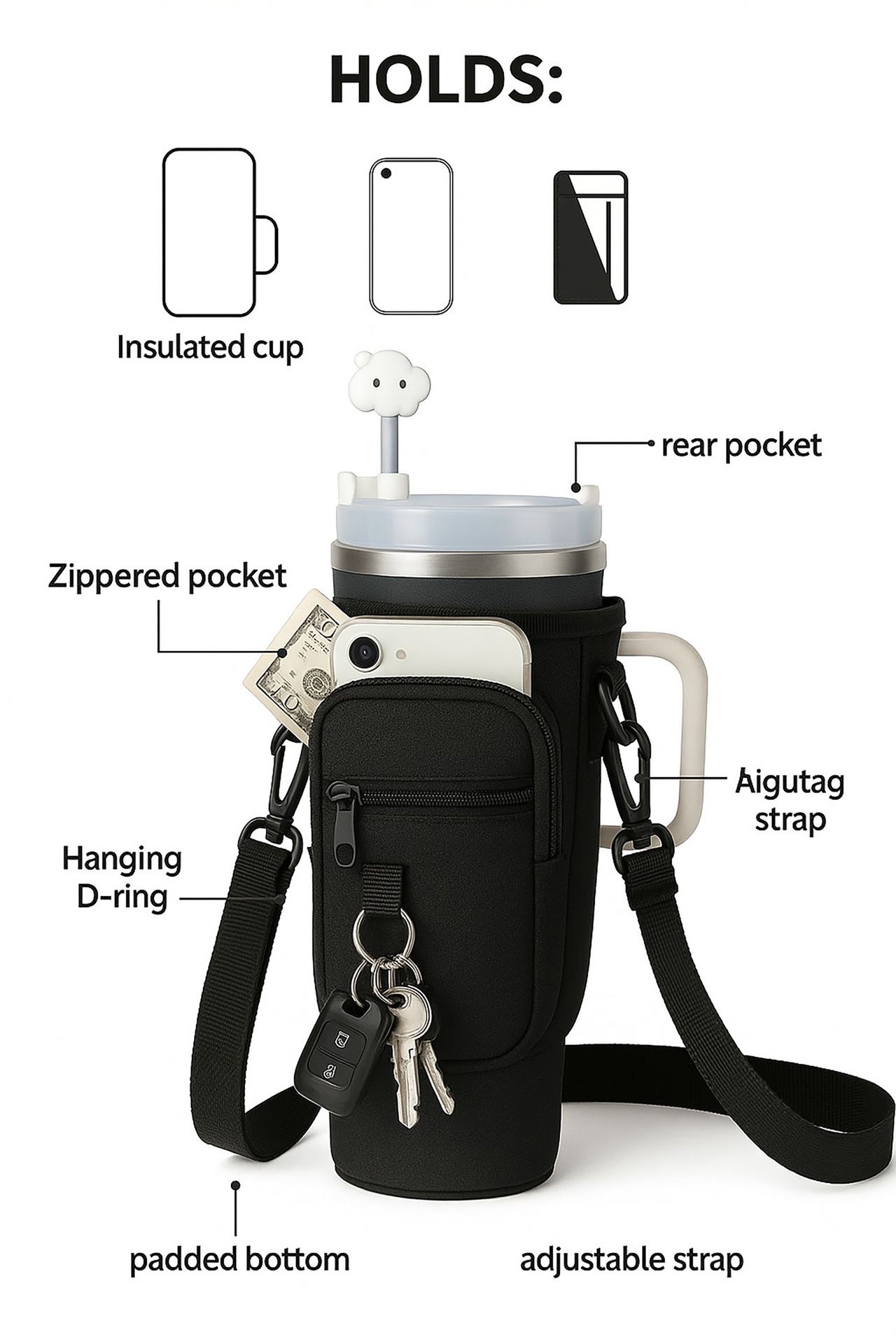 Insulated Cup Holder Bag – Fits Phone/Keys 