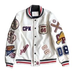 Men's Baseball Uniform Y2K Vintage Leather Jacket Heavy Industry Embroidery White Jacket