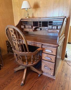 SOLID OAK ROLL TOP DESK WITH WOOD CHAIR