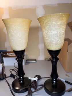 Vintage Set of 2 Matching Black Metal Table Lamps – Amber Frosted Glass Shades – Home Decor