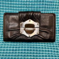 NEW Luxe Vintage B. Makowsky black leather clutch wallet w/silver-toned hardware