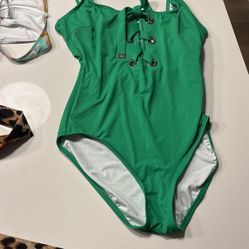 Michael Kors green one piece swimsuit lace up front