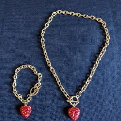 Gold Tone And Red Rhinestones Hearts Necklace And Bracelet 