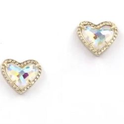 14k gold plated small Iridescent Dichotic Crystal Heart stud earrings