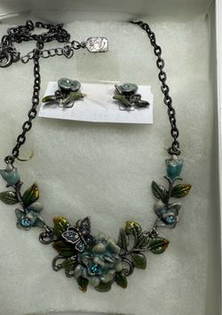 Authentic Signed "You and I" Enamel Rose & Butterfly Statement Necklace & Earrings Set with Gift Box