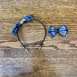 School Belles Grey/Blue Polyester Plaid Headband with Bow 3” Small Plaid Bow 