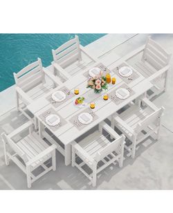SERWALL 7-Piece Patio Dining Table Sets, Outdoor HDPE Dining Furniture Set with Umbrella Hole Cut-Out Table and 6 Chairs, White brand new in box $550 
