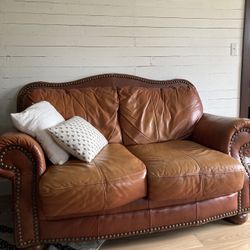 Classic Library Cozy Brown Studded Leather Loveseat 