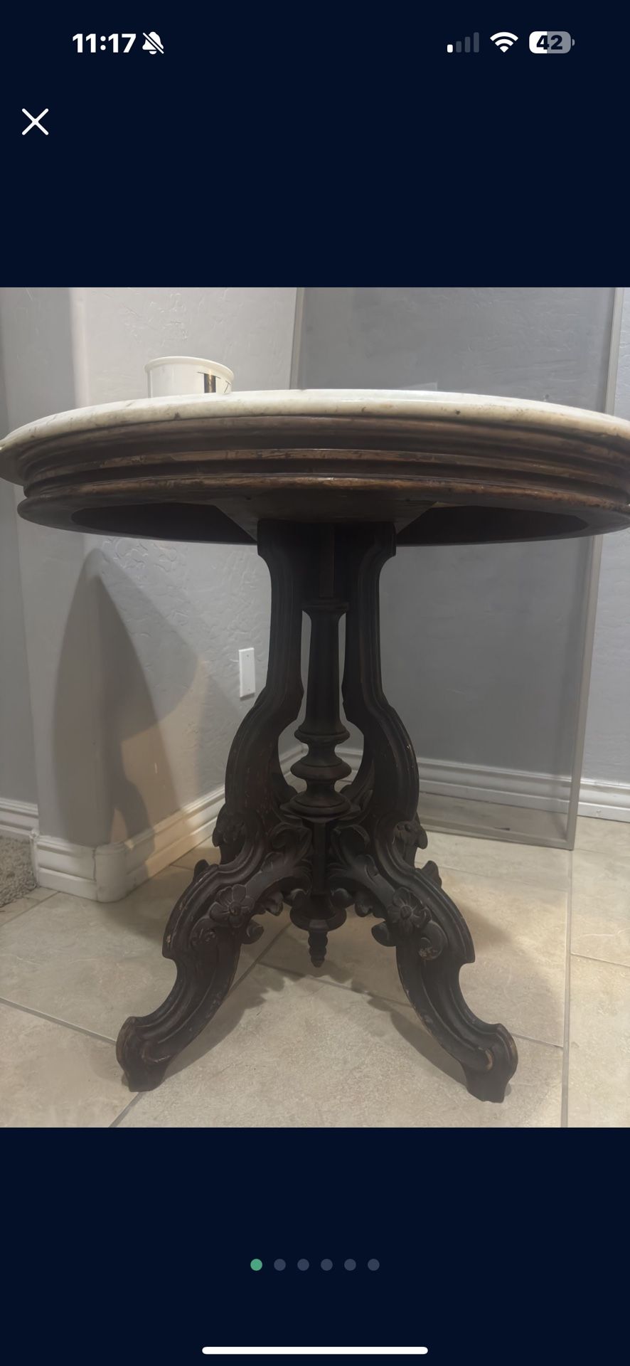 Antique Victorian Carved Walnut Oval Marble Top Parlor Table