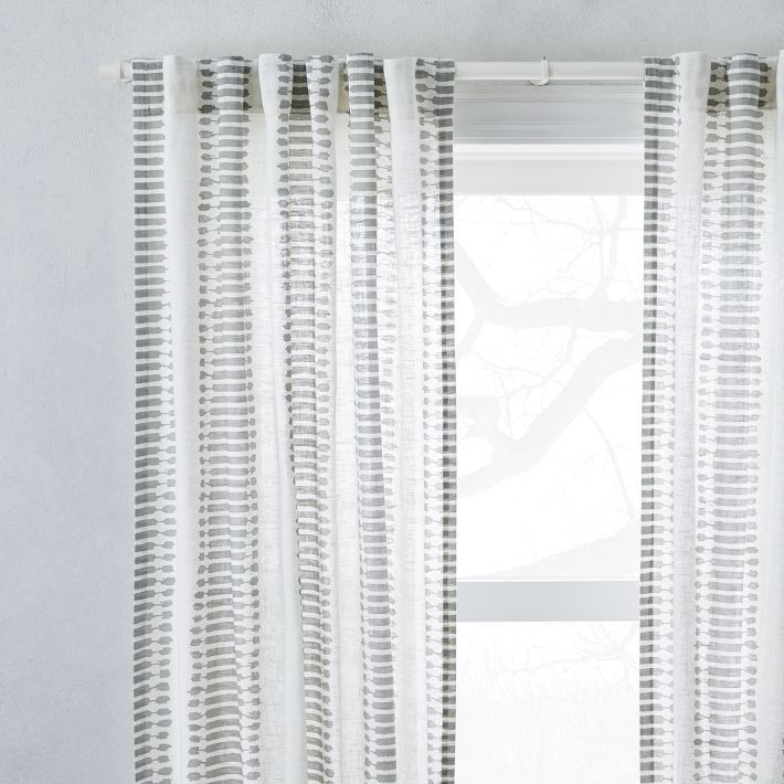 West Elm Striped Ikat Gray White Linen Blend Curtain Panels 48x96” Set of 2