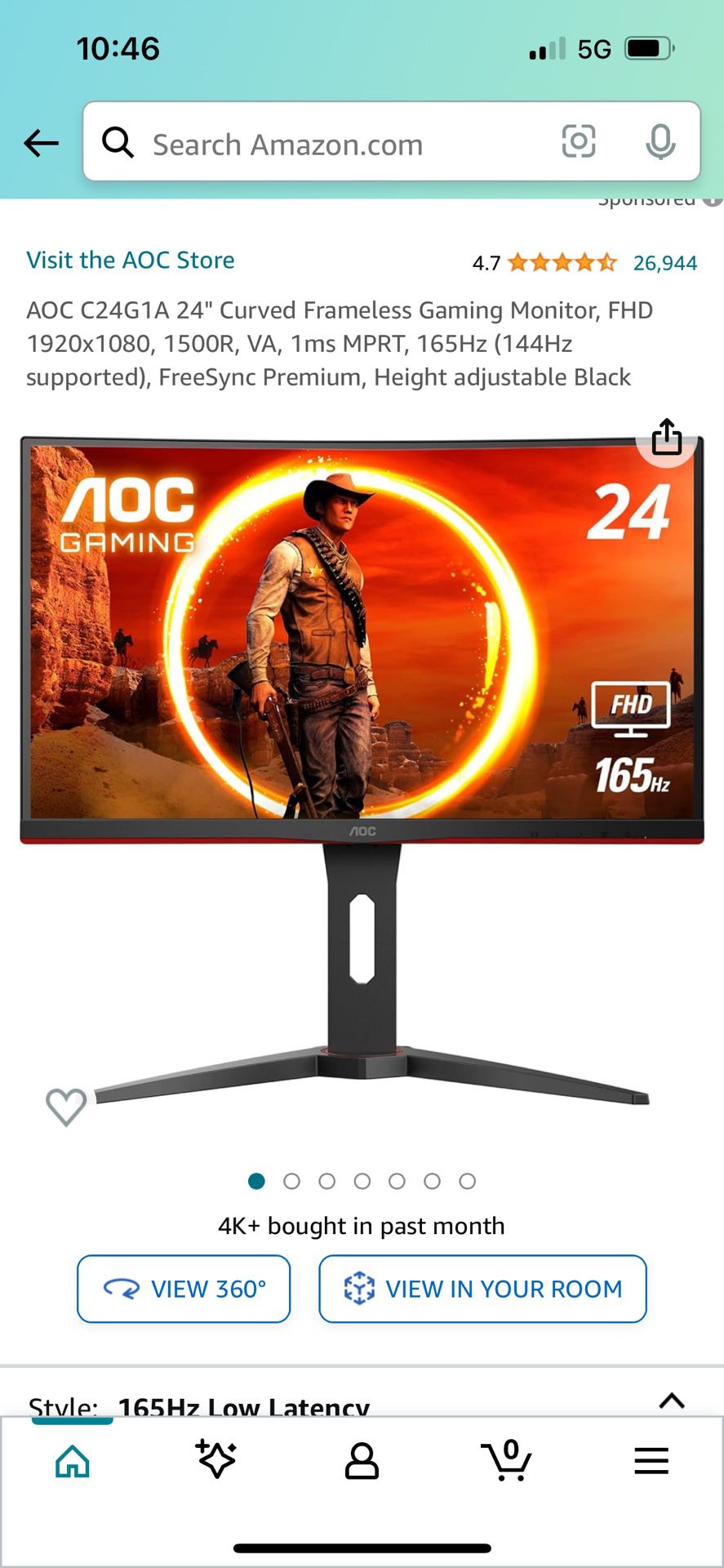 AOC C24G1A 24 Curved Frameless Gaming Monitor, FHD 1920x1080, 1500R, VA,  1ms MPRT, 165Hz (144Hz supported), FreeSync Premium, Height adjustable Black