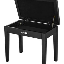 Donner Piano Bench with Storage, Solid Wood Keyboard Bench Piano Bookcase Stool Chair Seat with High-Density Sponges Pad, Black

