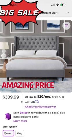 Queen Size Elegant Upholstered Platform Bed with Wingback Design and Tufted Headboard