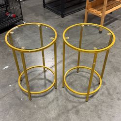 #031007 End Table Set of 2 Side Table Round Accent Table w/Glass Top & Metal Frame, Modern Style Sofa Side Table for Living Room, Balcony, Mustard Gol