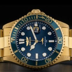Invicta Pro Diver 30024 Mens Blue Dial Gold Band Quartz Analog Wristwatch