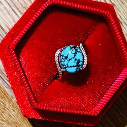 Handmade Turquoise Ring Deco Diamond Halo 