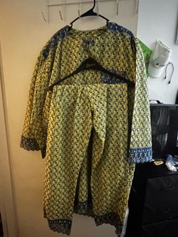 Men’s African Print 2-Piece Outfit Yellow Blue Traditional Ghanaian Shirt & Pant
