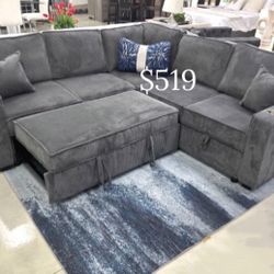 Convertible Sectional Sofa With Pull/out Bed & Storage Dark Grey