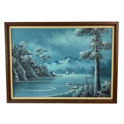 Vintage Blue-Tone Coastal Mountain Landscape Oil Painting on Canvas