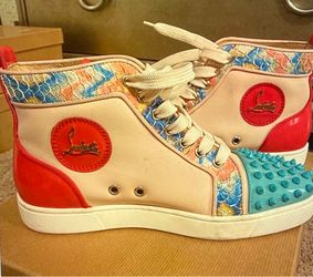 Christian Louboutin Men’s High-Top Colorblock Sneakers Spiked Round Toe Lace-Up