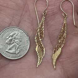 14K Solid Gold Dangle Angel Bird Wings 2” Long Very Unique