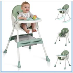 Baby High Chair, 6-in-1 Portable Feeding Rocking Seat with Adjustable Backrest, Removable Tray and 5-Point Safety Harness, Travel Folding Highchair fo