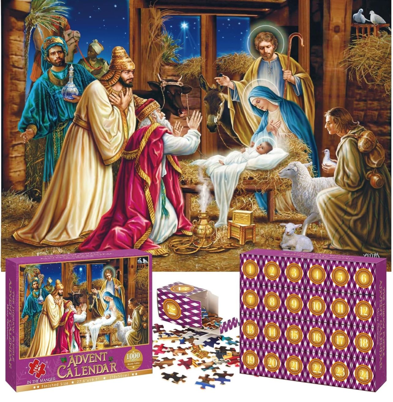 24 Boxes 1000 Pieces Nativity Puzzles - In the Manger, Christmas Countdown Calendar Gifts for Women Men, 27.6x19.7 inch