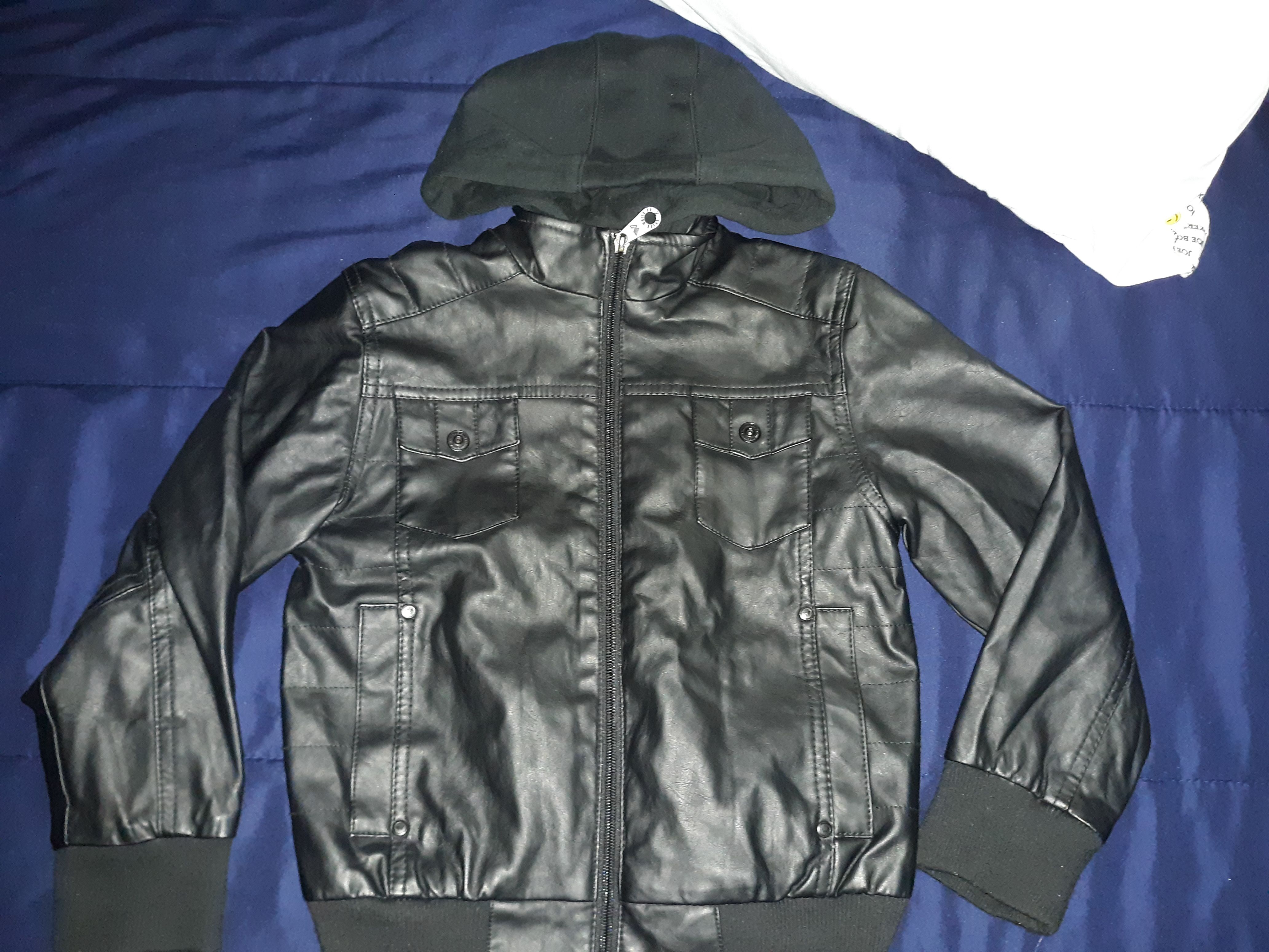 Black leather hoodie jacket size Small 6-7