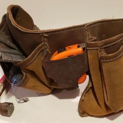 Vintage Tool Belt With Hammer, Tape Measure  Speed Square, Chalk Line, 2 Stanley Knifes