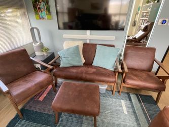 Baxton Studio Bianca Mid-Century Modern Walnut Wood Dark Brown Distressed Faux Leather Livingroom Sofa Set