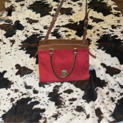 Red Dooney & Bourke Monogram w/ leather detail zipper close & adjustable strap